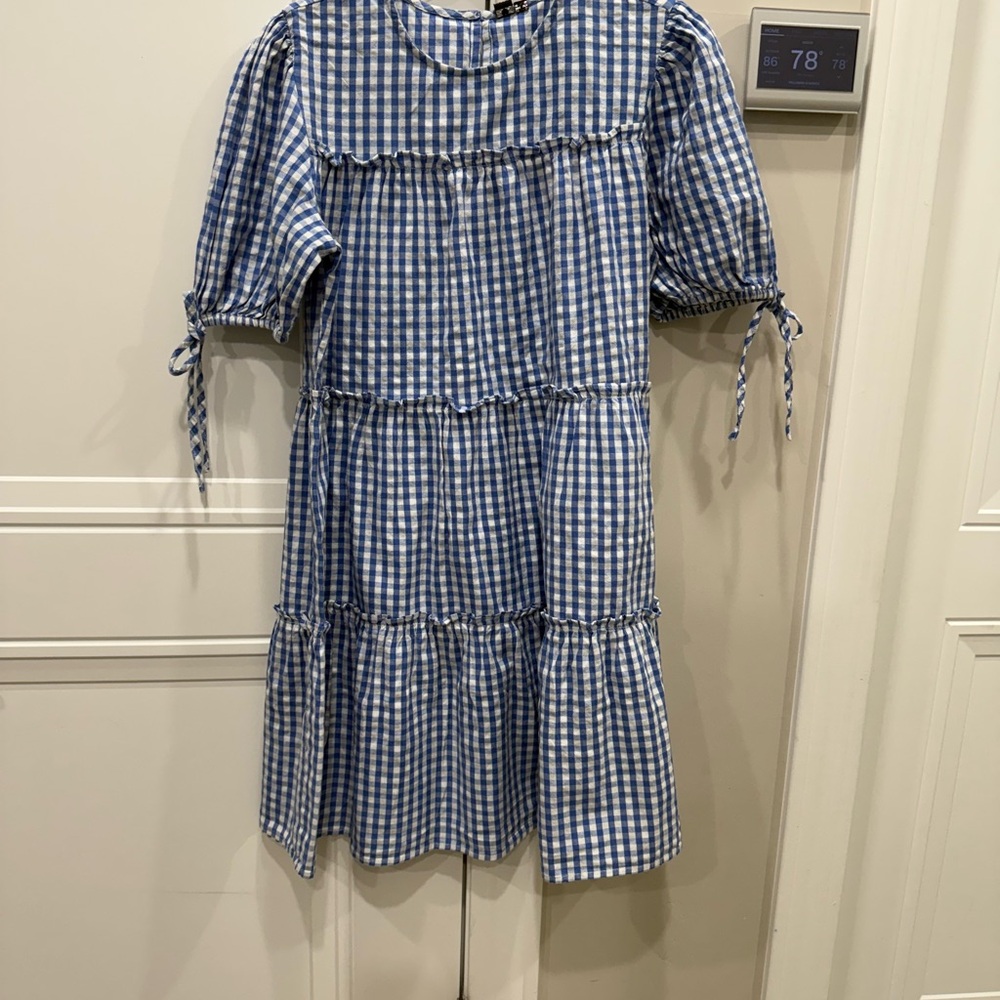 Influence Gingham‎ Tiered Mini Dress Blue White Puff Sleeve Tie Cuffs Casual